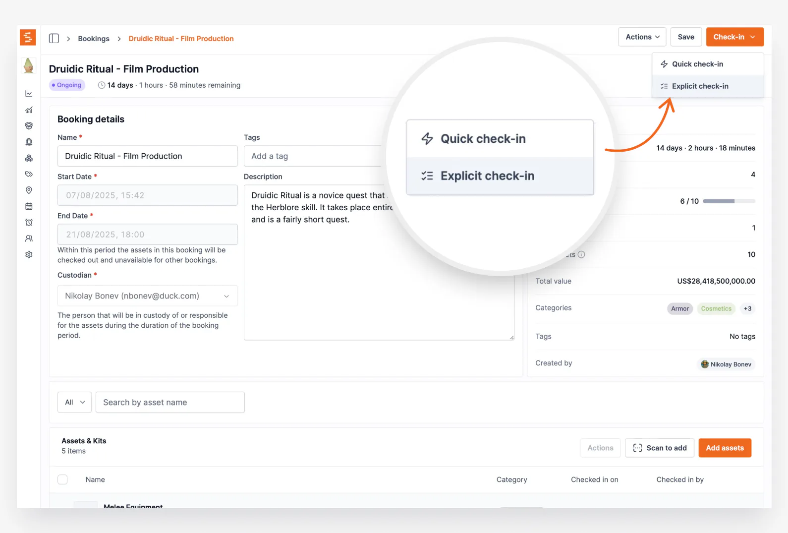 Booking page with quick and explicit check-in